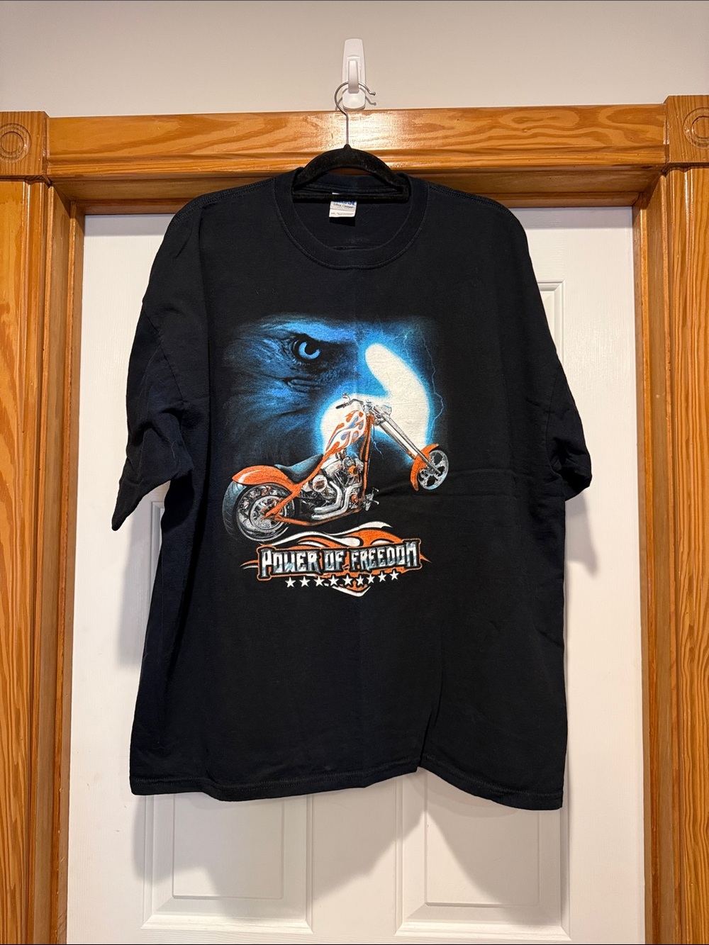 Gildan Black Tee with Orange Motorcycle and Blue Eagle Graphic